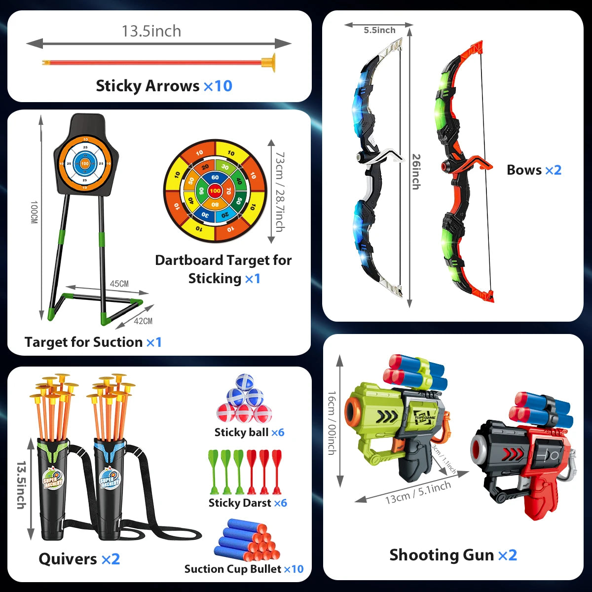 VATOS 2X Bow Arrow Guns Toy For Kids LED Archery Game