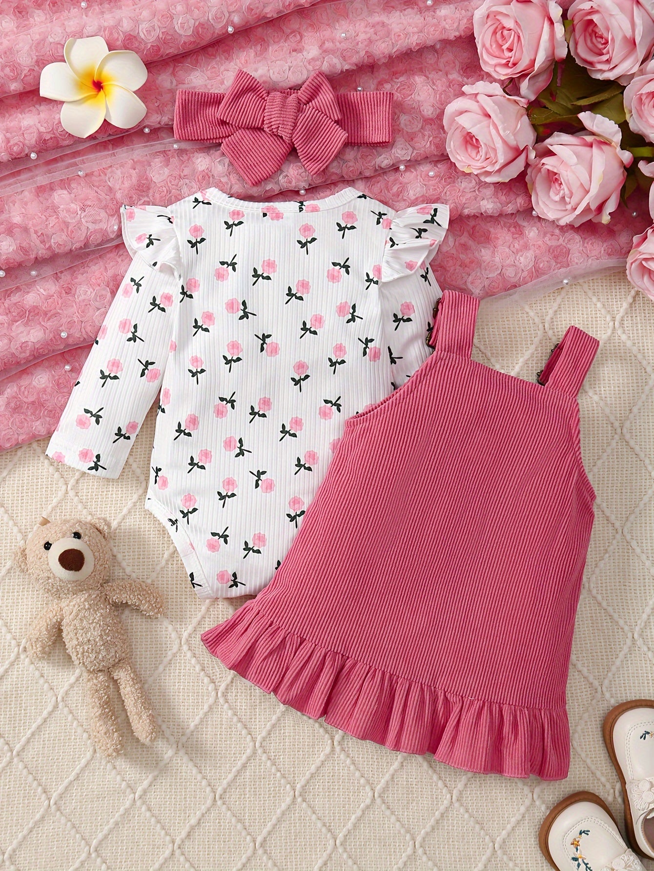 2pcs Set Of Autumn And Winter Baby Girl'S Floral Jumpsuit