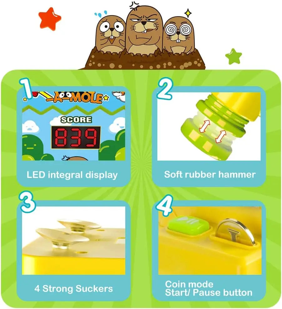 Vatos Mini Coin Operated Arcade Game Bank with 2 Hammers Interactive Electronic Developmental Toy for Kids Ages 3 to 6