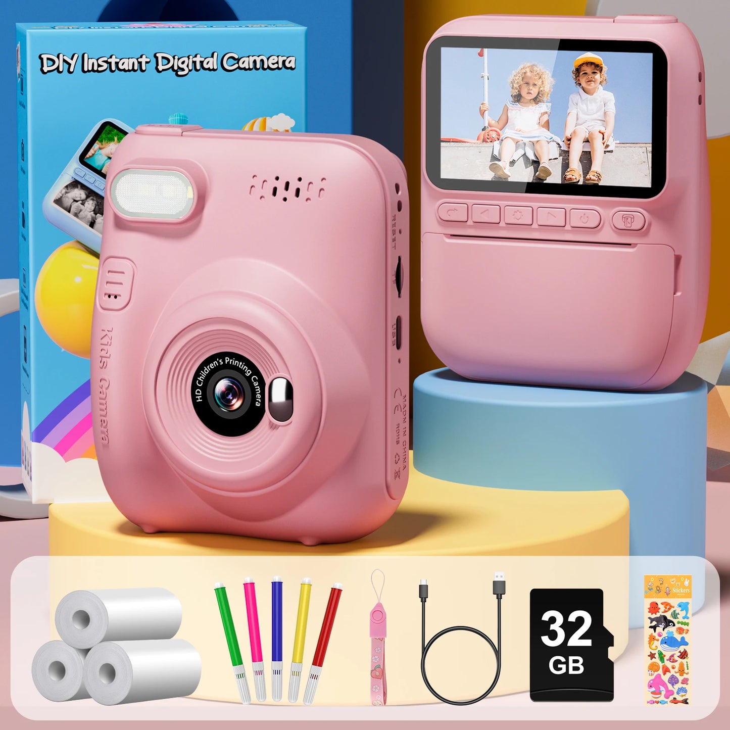 Kids Instant Print Camera 3 Inch Portable Video Recorder for Ages 6 to 12