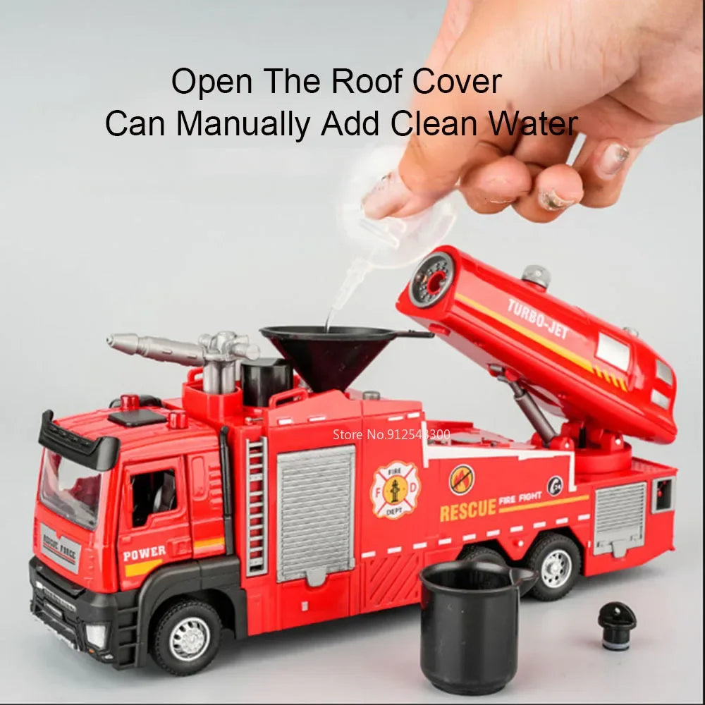 1:32 Scale Water Spray Fire Truck Model With Sound Light Pull Back Function Openable Doors Vehicle Collection Boys Gift