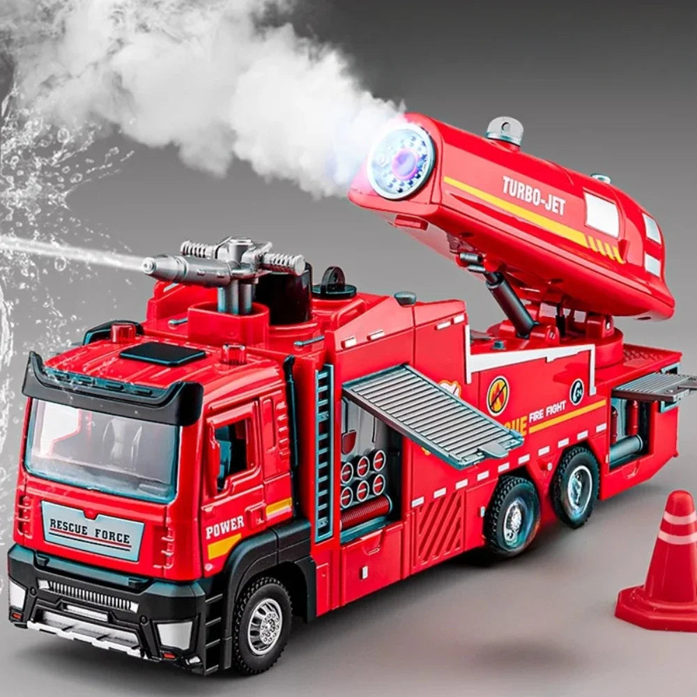 1:32 Scale Water Spray Fire Truck Model With Sound Light Pull Back Function Openable Doors Vehicle Collection Boys Gift
