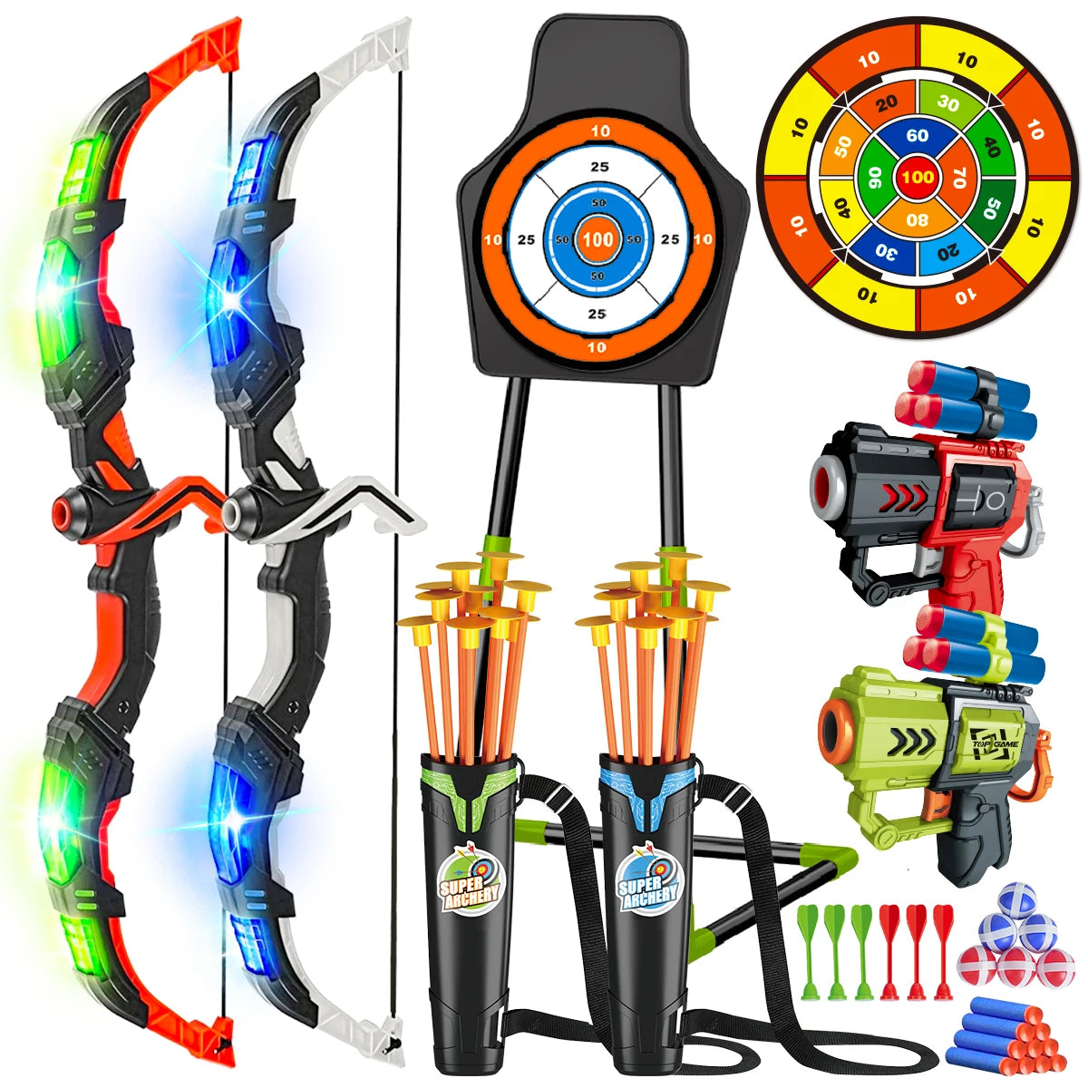 VATOS 2X Bow Arrow Guns Toy For Kids LED Archery Game