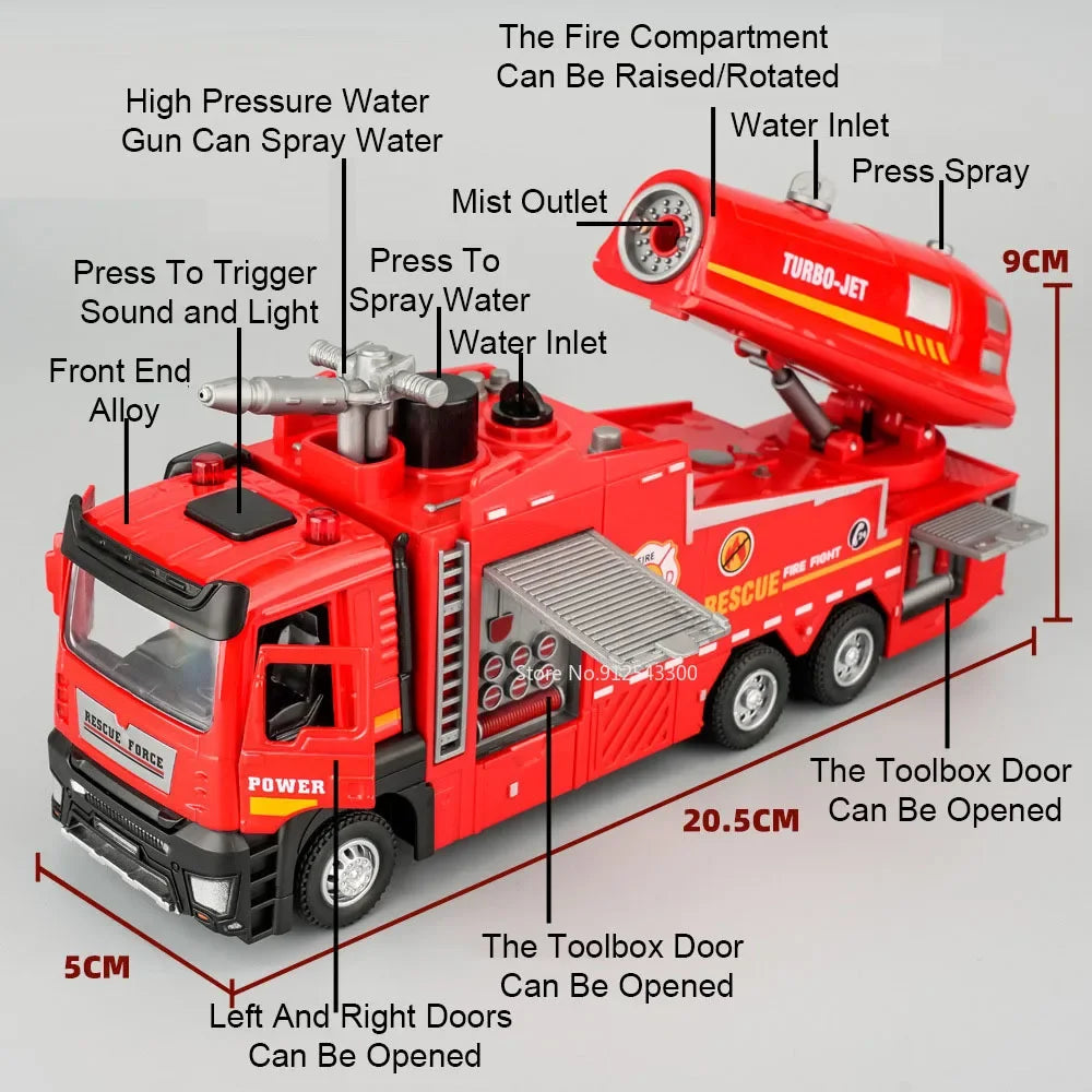 1:32 Scale Water Spray Fire Truck Model With Sound Light Pull Back Function Openable Doors Vehicle Collection Boys Gift