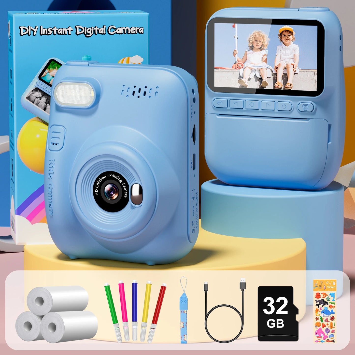 Kids Instant Print Camera 3 Inch Portable Video Recorder for Ages 6 to 12