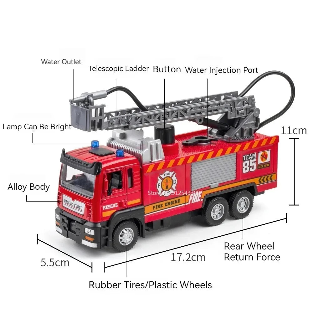 1:32 Scale Water Spray Fire Truck Model With Sound Light Pull Back Function Openable Doors Vehicle Collection Boys Gift