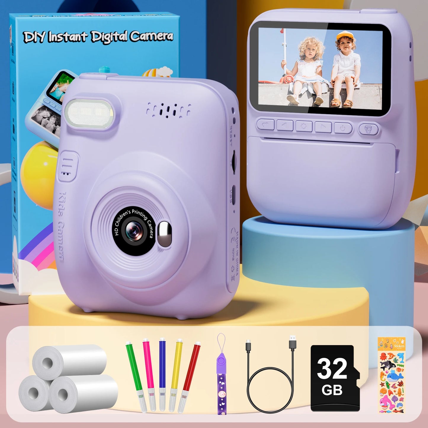 Kids Instant Print Camera 3 Inch Portable Video Recorder for Ages 6 to 12
