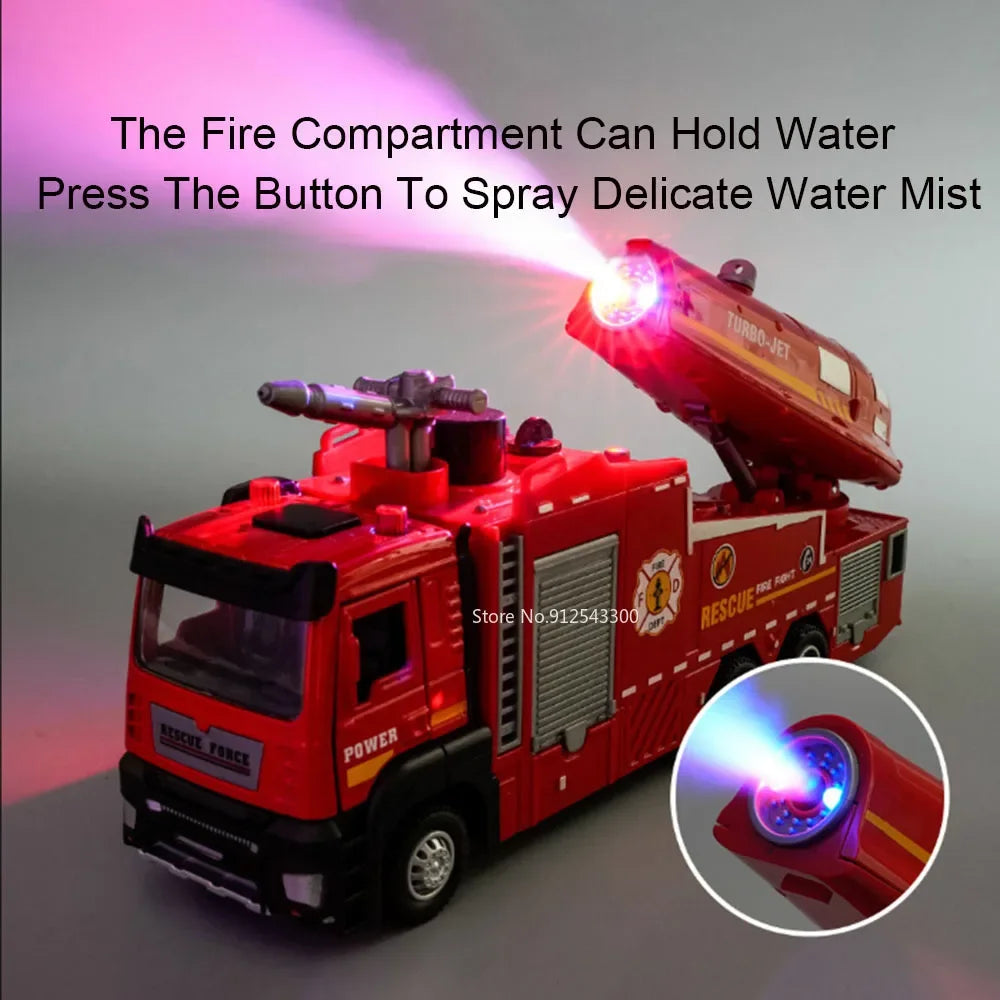 1:32 Scale Water Spray Fire Truck Model With Sound Light Pull Back Function Openable Doors Vehicle Collection Boys Gift