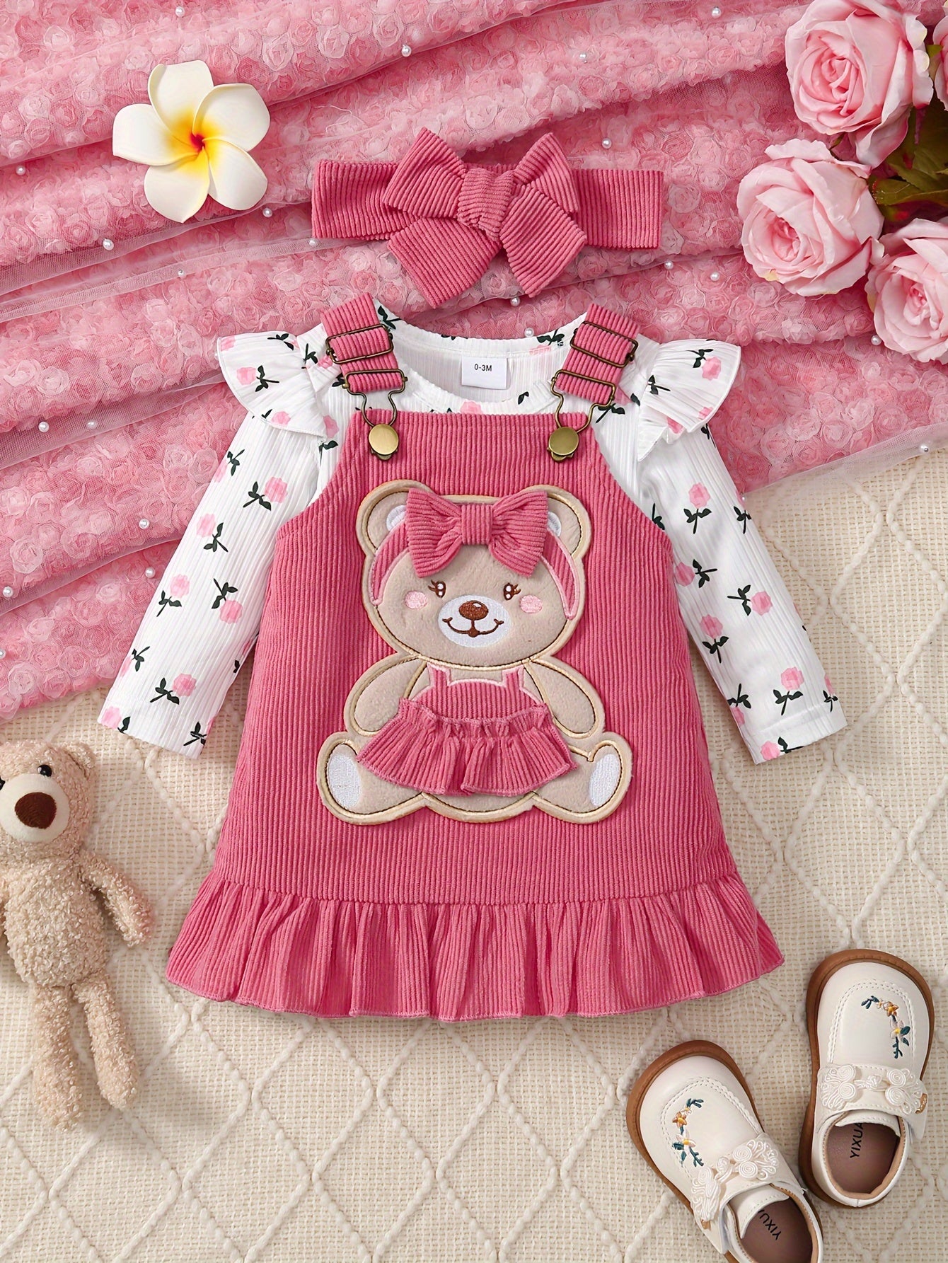 2pcs Set Of Autumn And Winter Baby Girl'S Floral Jumpsuit