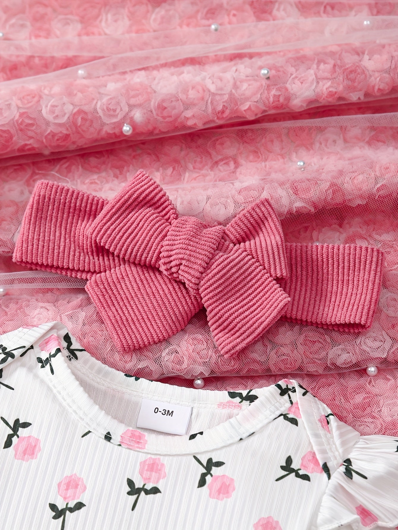 2pcs Set Of Autumn And Winter Baby Girl'S Floral Jumpsuit