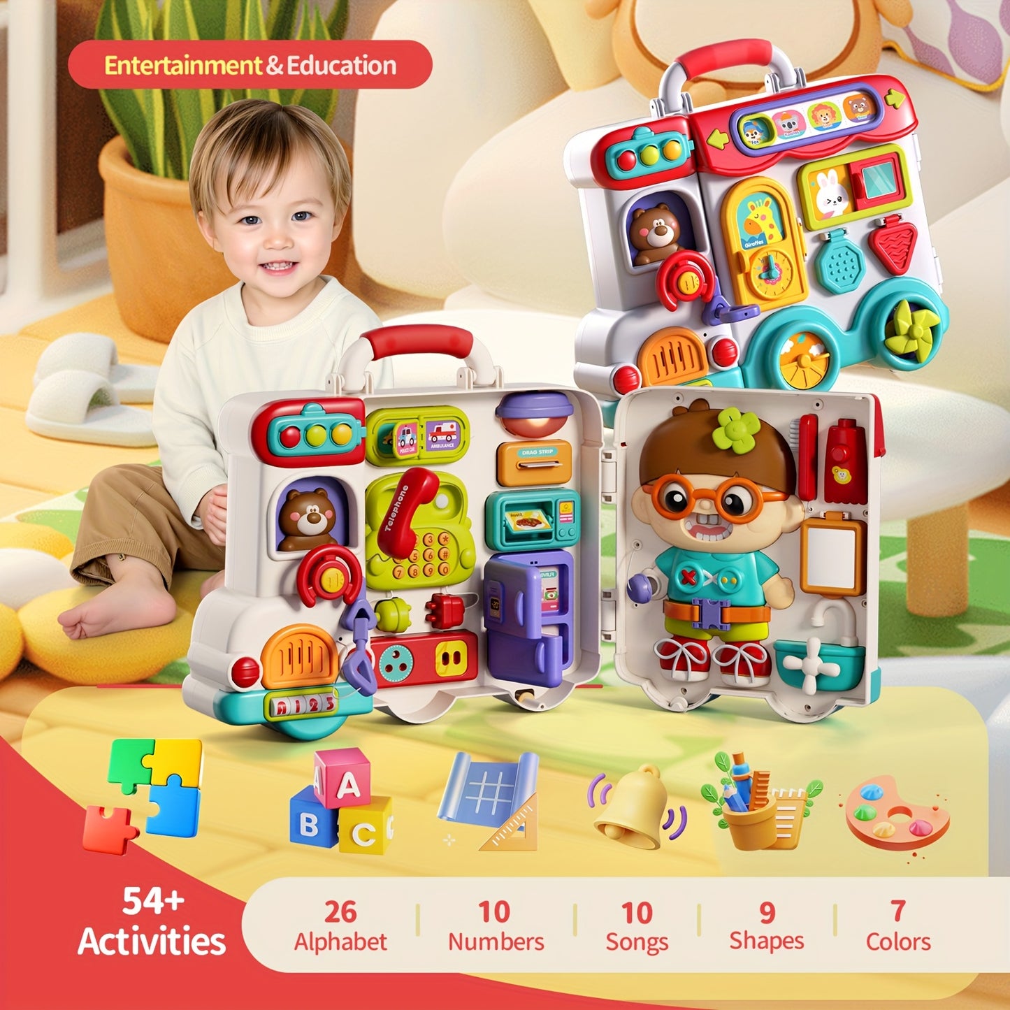 Newbandmo 54 in 1 Musical Busy Board Bilingual Toy Play