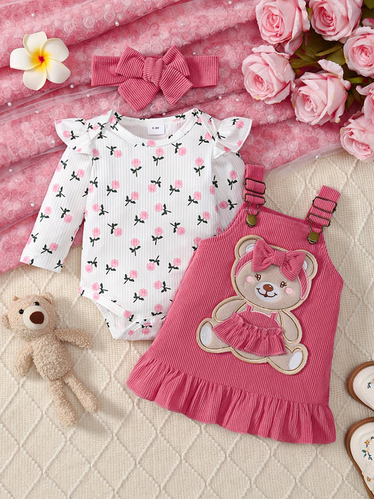 2pcs Set Of Autumn And Winter Baby Girl'S Floral Jumpsuit